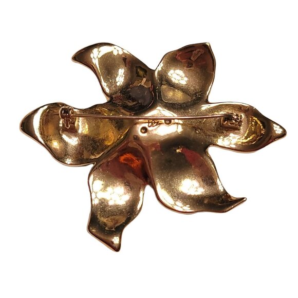 Liz Claiborne Gold Tone Green Enamel Rhinestone Lucite Seed Bead Flower Brooch - Picture 6 of 7